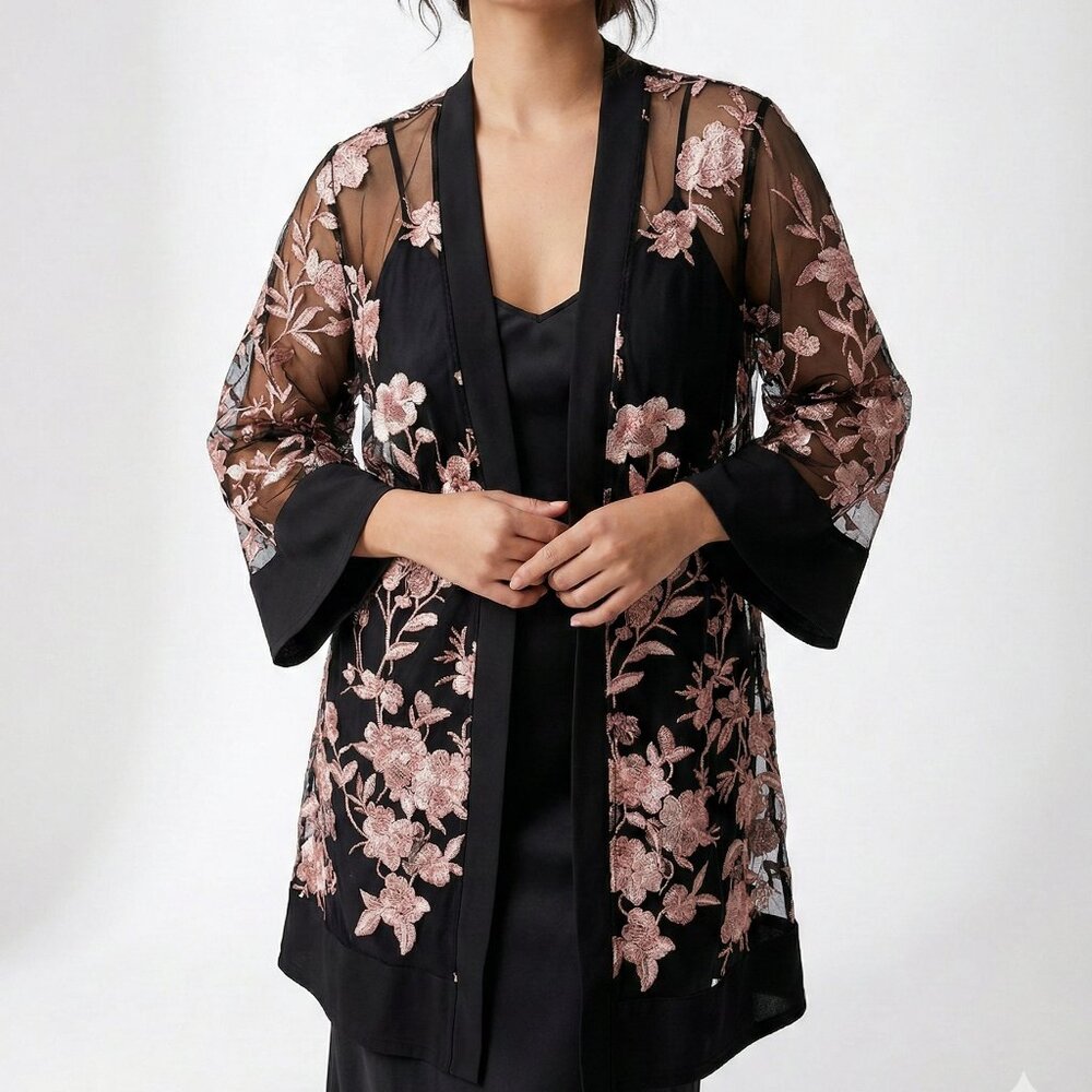 Unbranded Kimono Black Pink Embroidered Mesh Floral Fairy Whimsigoth XL